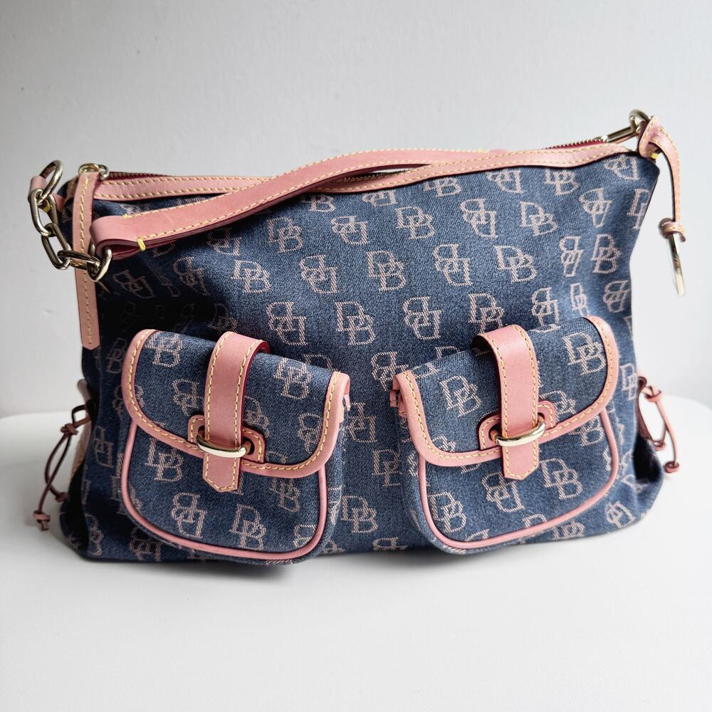 Vintage Y2K Dooney & Bourke Denim Signature Monogram Pink Leather Cargo Satchel